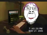 animated biology closed_mouth glasses hair jumpscare mustache open_mouth purple_hair reddit smile snl soyjak stubble tongue tranny variant:bernd yellow_teeth // 640x480 // 6.0MB