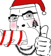 blush candy_cane christmas glasses hand santa_hat soyjak tattoo text thumbs_up variant:cobson // 775x849 // 112.7KB