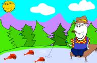 5soyjaks animal arm closed_mouth clothes cloud drawn_background farmer fish fishing fishing_rod flannel full_body glasses hat holding_object looking_at_you mountain open_mouth orange_skin plant scared shoe sitting sky smile soyjak stubble subvariant:soyak_(concerned) subvariant:wholesome_soyjak sun suspenders teeth tree variant:gapejak variant:soyak water western_wheat wheat yellow_skin // 2365x1534 // 407.2KB
