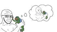 arm closed_mouth frog full_body glasses green_skin hand hand_on_face holding_object memory pepe sad soyjak stubble thought_bubble variant:soyak variant:wojak // 1920x1080 // 415.8KB