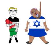 blue_eyes brown_skin country countrywar flag full_body hanging israel palestine subvariant:unbotheredchud tranny variant:chudjak variant:gapejak white_skin yellow_hair // 1814x1608 // 343.6KB