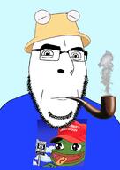 animal anime clothes cloud frog glasses hand hat hotdog looking_at_you maga neutral pepe pipe smoke stubble touhou variant:cobson video_game // 956x1345 // 403.1KB