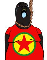 big_lips big_nose blue_tongue crying fascism fat flag:pkk hanging kurdish_donkey_fucker kurdistan kurdnigger pkk red_sclera rope shitskin total_kurdnigger_death variant:hydejak yellow_teeth // 961x1227 // 145.5KB