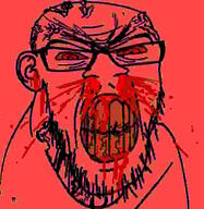 angry blood bloodshot_eyes clenched_teeth compressed cracked_teeth ear glasses jpeg nosebleed red red_skin soyjak stubble subvariant:feralrage variant:feraljak yellow_teeth // 894x919 // 22.0KB
