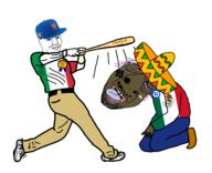 award baseball_bat baseball_cap bloodshot_eyes brown_skin brown_troonjak clothes countrywar crying deformed democrat flag:italy flag:mexico flag:transgender_pride_flag glasses italy mexico purple_hair queen_of_spades sombrero stubble variant:bernd variant:chudjak ywnbaw // 2400x1946 // 1.5MB