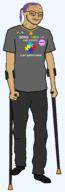 artist:doedoedoe autism brown_skin button closed_mouth clothes crutches flag:india flag:israel full_body grey_shirt lgbt necklace pronouns purple_hair retard soyjak star_of_david stubble subvariant:spedjak transparent_background tshirt variant:soyak // 677x2000 // 53.3KB