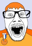 badge clothes glasses hair mustache oldfag open_mouth orange_hair soyjak soyzellig_party stubble text variant:punkjak zach zarty // 918x1306 // 75.7KB