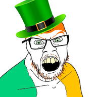 angry belt clothes flag flag:ireland glasses green_eyes hair hat ireland leprechaun open_mouth orange_eyebrows orange_stubble red_hair soyjak stubble top_hat variant:feraljak yellow_teeth // 1000x1000 // 315.0KB