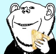 chips closed_mouth clothes ear food hand holding_object popcorners smile soyjak stubble tuxedo variant:impish_soyak_ears // 690x664 // 208.1KB