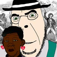 black_skin buck_breaking bwc closed_mouth clothes ear green_eyes hair hat large_nose monocle queen_of_hearts slave smile soyjak stubble variant:carterjak variant:cobson variant:kuzjak white_skin // 721x720 // 397.5KB