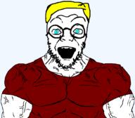 blond blue_eyes buff glasses muscles nose open_mouth red_shirt smile stubble trend:aryan variant:fluxjak // 1059x929 // 89.2KB