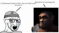 allah caveman clothes crying glasses hat human islam islamic muhammad red_eyes rock soyjak variant:soyak // 1010x565 // 380.9KB