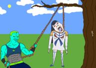 ack aryan bindi blue_eyes buff female hokuto_no_ken kill_la_kill kiryuuin_satsuki long_hair lynching school_uniform smug souther tank_top teal_skin tree variant:bernd variant:chudjak // 2100x1500 // 273.9KB