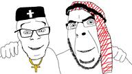 2soyjaks arab arabic_text christianity closed_mouth clothes friendship glasses hat islam keffiyeh no_more_brother_wars orthodox smile soyjak stubble variant:cobson variant:feraljak // 1920x1080 // 224.6KB