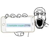 7770 glasses hair hand holding_object holding_phone iphone milestone open_mouth phone soybooru soyjak stubble subvariant:phoneplier subvariant:phoneplier_horizontal variant:markiplier_soyjak // 656x500 // 76.8KB