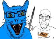 2soyjaks animal arm bald bic blue blue_fur bright_blue_cat cat cat_ear cat_eyes ceo closed_mouth fang frown fur glasses green_eyes hand holding_object implied_penis_color_war mustache open_mouth pen pun soyjak stubble subvariant:feral_meowjak text variant:feraljak whisker white_background // 800x558 // 230.8KB