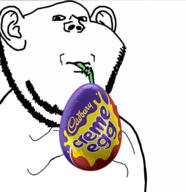 cadbury chocolate creme_egg drinking drinking_straw ear hand holding_object sip soyjak stubble subvariant:impdrink variant:impish_soyak_ears // 1403x1446 // 861.9KB