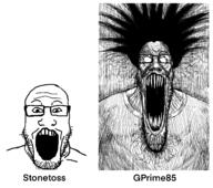 2soyjaks glasses gprime85 hair open_mouth schizo soyjak stonetoss stretched_mouth stubble subvariant:schizojak text variant:markiplier_soyjak // 1606x1418 // 1.1MB