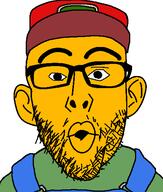 clothes ear glasses hat open_mouth sneed soyjak stubble variant:nojak yellow_skin // 443x523 // 13.8KB