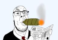 balding cigar cigarette clothes glasses meta:self_insert newspaper reading smoking soyjak stubble sucking suit variant:suckinjak // 1449x986 // 115.6KB