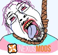 bloodshot_eyes dead flag hair hanging logo mustache nexus_mods purple_hair rope soyjak suicide tongue tranny variant:bernd // 2880x2695 // 2.8MB