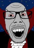 angry bloodshot_eyes clothes drawn_background glasses grey grey_skin halloween mustache open_mouth soyjak stubble vampire variant:punkjak // 918x1306 // 37.1KB