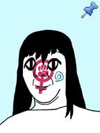 feminism hair large_eyes long_hair pedophile push_pin raised_fist_(symbol) smile soyjak sticky subvariant:commiepedotroon tattoo variant:kuzjak variant:ronald // 809x1080 // 25.5KB