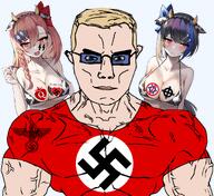 anime anime_female antisemitism blue_eyes bra breasts buff celtic_cross clothes eagle facing_front girl girls'_frontline glasses heart horn israel jericho_(girls'_frontline) jews judaism nazi_germany nazism negev_(girls'_frontline) no_symbol queen_of_hearts religion religious ribbon schutzstaffel star_of_david subvariant:muscular_chud swastika symbol transparent_background trend:aryan variant:chudjak vein white_skin wing yellow_hair // 1822x1674 // 1.5MB