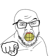 angry bald closed_mouth glasses hand pointing soyjak stubble thick_eyebrows variant:feraljak white_background white_skin yellow_teeth // 1000x1000 // 70.4KB