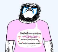 beard body_hair closed_mouth clothes crying glasses hair moustache oh_my_god_she_is_so_attractive pink_shirt soyjak speech_bubble stubble text tshirt variant:ignatius // 656x595 // 57.7KB