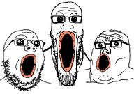 3soyjaks black_sclera glasses lips oh_my_god_she_is_so_attractive open_mouth series:trios_&_duos soyjak stretched_mouth stubble template trend:soyjak_trio variant:gapejak variant:markiplier_soyjak variant:tony_soprano_soyjak // 828x581 // 14.6KB