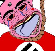 ack bloodshot_eyes clothes crying flag flag:nazi_germany glasses hair hanging mustache nazism open_mouth pol_(4chan) politics rope soyjak subvariant:patrick suicide swastika tongue variant:chudjak yellow_teeth // 768x719 // 385.1KB