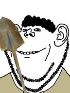 clothes ear grey_shirt hair shovel smile soyjak stubble tan_jacket teeth variant:impish_soyak_ears white_background // 598x800 // 126.0KB