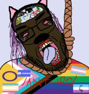 anthro anthro_(soyjak_party) anthro black_skin brown_skin clothes dark_skin discord flag:lgbt_pride_flag flag:map flag:transgender_pride_flag flag:zoophilia_pride_flag furfag furry hanging meta:tagme nigger pedophile rope subvariant:chudplier text tranny trend:slopjak variant:markiplier_soyjak zoophile // 771x814 // 171.6KB