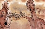 2soyjaks all_tomorrows arm dinosaur glasses hand open_mouth pointing redraw soyjak stubble variant:two_pointing_soyjaks // 720x466 // 67.4KB