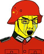angry asian bloodshot_eyes china chud clothes collar_tabs combat_helmet crying epaulettes eunice flag:china glasses helmet historically_inaccurate looking_to_the_right military military_combat_uniform military_uniform open_mouth soyjak stahlhelm star_(symbol) variant:chudjak white_background yellow_skin // 596x740 // 119.6KB