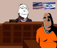 2soyjaks angry arm biting_lip brown_skin clothes country court creepy distorted drawn_background evil fat flag glasses hammer hat israel judaism judge kippah large_nose ominous prisoner rape robe shadow smile soyjak stubble subvariant:hornyson united_states variant:cobson variant:gapejak // 1247x1051 // 420.1KB