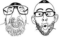 2soyjaks are_you_soying_what_im_soying beard clothes glasses half_open_mouth hat judaism kike_trio kippah smile stubble variant:israeli_soyjak variant:nojak // 821x513 // 123.6KB