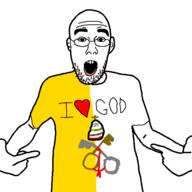 arm catholic christianity clothes country ear flag flag:vatican_city glasses god hand i_love open_mouth pointing soyjak stubble text tshirt variant:shirtjak vatican // 559x559 // 79.4KB