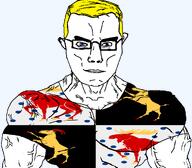 animal arm blue_eyes buff closed_mouth clothes country county ear elk flag flag:gävleborg glasses goat gävleborg hair soyjak subvariant:chudjak_front subvariant:muscular_chud sweden transparent_background trend:aryan tshirt variant:chudjak vein yellow_hair // 1059x929 // 130.3KB