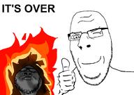 2soyjaks closed_eyes closed_mouth fire frown glasses hand hood its_over sad smile soyjak stubble subvariant:nucob text thumbs_up variant:a24_slowburn_soyjak variant:cobson wink // 941x671 // 109.0KB