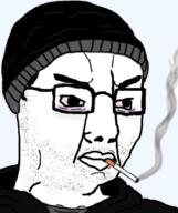 angry bags_under_eyes beanie black_shirt bloodshot_eyes cigarette closed_mouth clothes depressed doomer glasses hat looking_to_the_right shaved smoke smoking soyjak stubble sweater transparent variant:chudjak // 446x533 // 142.5KB