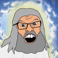 beard christianity clothes glasses glowing god green_eyes grey_hair hair heaven open_mouth religion robe sky soyjak variant:feraljak white_skin // 800x800 // 560.2KB
