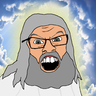 beard christianity clothes glasses glowing god green_eyes grey_hair hair heaven open_mouth religion robe sky soyjak variant:feraljak white_skin // 800x800 // 560.2KB