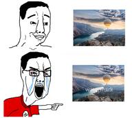 2soyjaks arm bloodshot_eyes closed_mouth clothes crying glasses hair hand hot_air_balloon irl nazism open_mouth pointing smile soyjak swastika tshirt variant:chudjak watermark // 1259x1125 // 519.7KB