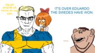2soyjaks amerimutt arm black_eyes blond blue_eyes blush bow brown_hair buttoned_shirt closed_mouth clothes cuck cuckold cuckoldry ear eduardo flag glasses hair hair_ornament hand lips missing_teeth muscles mymy namefags necktie ongezellig open_mouth orange_hair orange_skin sad sharp_teeth shirtless smile smirk soyjak stubble subvariant:impish_amerimutt subvariant:muscular_chud sweating sweden swedish_text swedish_win teeth text variant:chudjak variant:impish_soyak_ears vein white_background white_skin yellow_hair // 1280x720 // 431.4KB