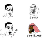 angry arab beard brown_skin closed_mouth clothes glasses hair hand hands_up happy_merchant hat jewish_nose judaism kippah open_mouth scarf semite variant:chudjak // 1876x1556 // 342.6KB