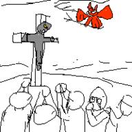 closed_mouth cross crucifixion demon full_body glasses multiple_soyjaks oekaki soot soot_colors soyjak soyjak_party stubble variant:unknown // 200x200 // 6.9KB