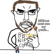 andrew_heinsius angry arm beard black_rifle_coffee_company brown_hair button clothes corn_cob_pipe drink ear glass glasses hair hand holding_object millions_must_die soyjak subvariant:chudjak_front text twitter variant:chudjak // 441x428 // 133.2KB