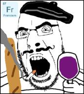 baguette beret cigarette element france francium glasses holding_object mustache open_mouth pun smoke soyjak teeth variant:cobson wine // 820x918 // 401.6KB